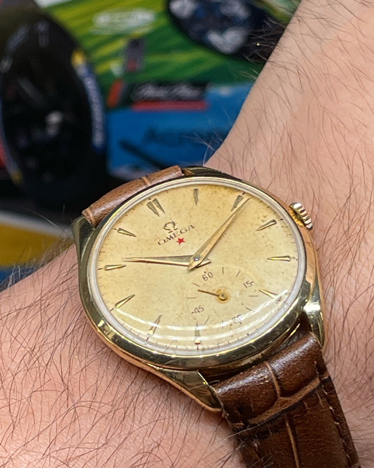 Extreamly RARE Vintage Omega Gilt RedStar 18k Solid YellowGold 38.mm Jumbo Large image 7