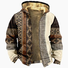 Mens Winter Fleece Lined Zip Hoodie Sweater Boho Folk Hoody Jacket