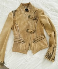 Just Cavalli Beige Leather Studded Jacket W/ Leopard Print Lining