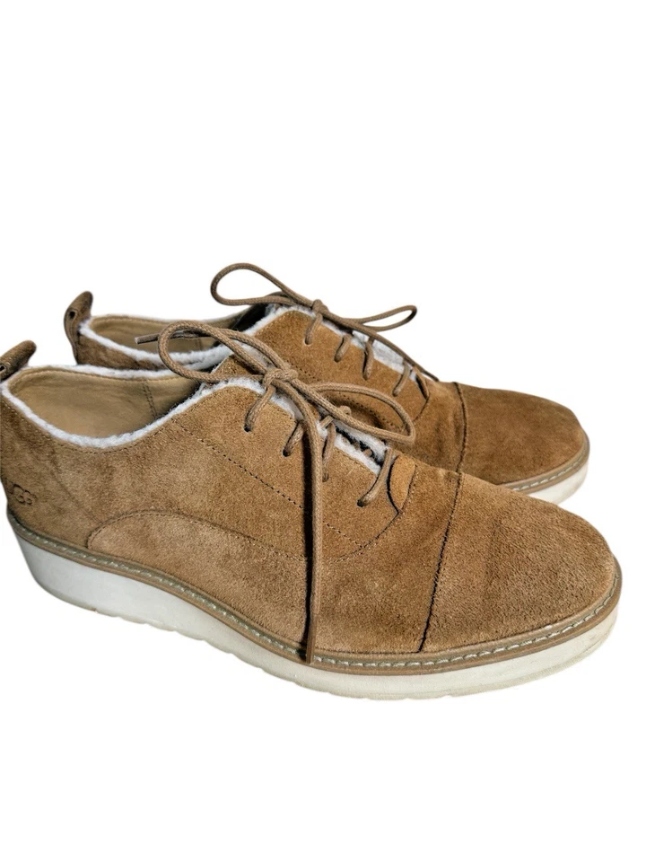 UGG Johanna Spill Seam WOMENS 9.5 PRE-OWNED Chestnut Suede Wool Oxford Shoes - Image 4 of 4