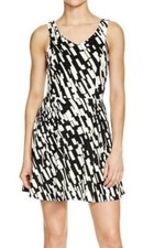 AQUA ~ Black-Ivory Geo Print Textured Jersey V-Neck Flare Party Dress M NEW $88