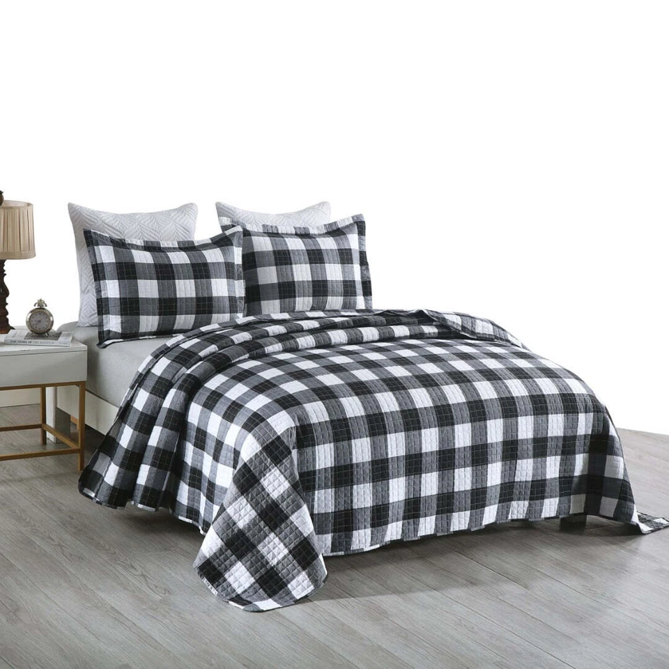 3 Pcs Buffalo Plaid Check Quilt Bedspread Set Gingham Bedding Set - Image 4 of 4
