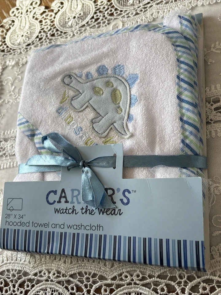 Juego de toallas y paños con capucha CARTER’ S Dinosaur 28" X 34" borde verde/azul NUEVO Foto 4 de 4