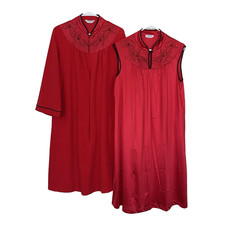 Vanity Fair Small Vintage Red Nylon Nightgown Fleece Robe Set Embroidered FLAW