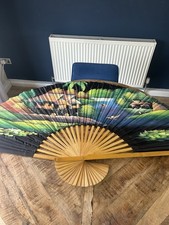 Large Asian Hand Painted Bamboo & Fabric Folding Decorative Wall Fan