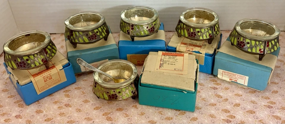 De colección 6 Esmaltes Cloisonne Russian Siommet Salero Abierto con Cuchara PLATA/cajas Foto 2 de 4