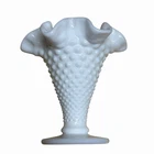 Vintage White Milk Glass Hobnail Ruffled Edge Footed  Trumpet Vase