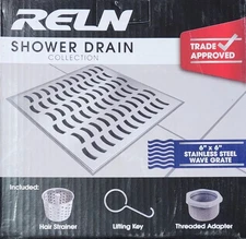 RELN 6 in x 6 in Stainless Steel Shower Drain w/ Wave Pattern - Missing Adapter