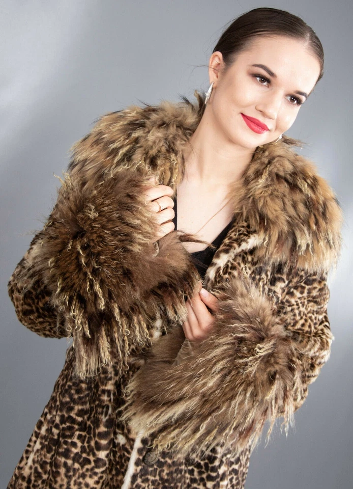 447 Abrigo de piel de conejo esquilado funky genuino aspecto de leopardo gato salvaje talla M cuello de cordero Foto 3 de 4