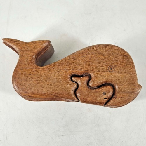 Vintage Handcrafted Wood Puzzle box whale mom and baby calf decor