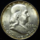 1958-D FRANKLIN SILVER HALF DOLLAR, GRADE: CHOICE BU, ORANGE PERIMETER TONING — photo 1