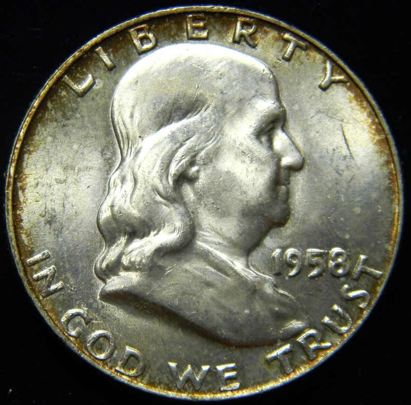 1958-D FRANKLIN SILVER HALF DOLLAR, GRADE: CHOICE BU, ORANGE PERIMETER TONING