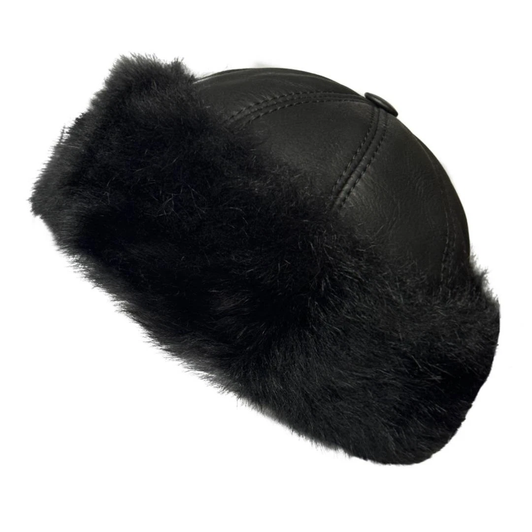 Handmade Sheepskin Fur Beanie Hat Black – Real Shearling Leather Winter Cap