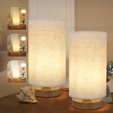 Set of 2 Bedside Table Lamps for Bedrooms with Round Fabric Linen Shade