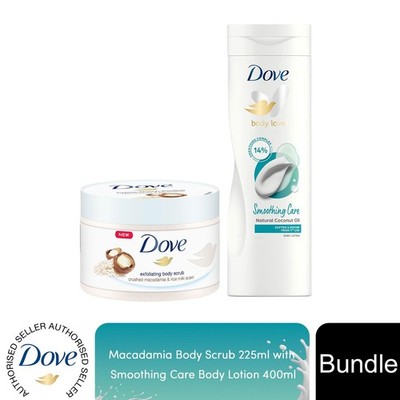 Dove Macadamia & Rice Milk Body Scrub 225ml mit glättender Pflege Bodylotion 400ml