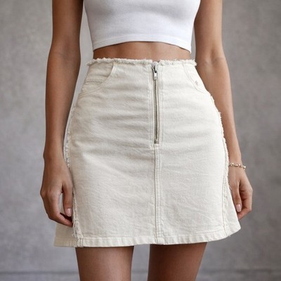 Dagmar Ivory Raw Hem Denim Mini Skirt Italy Cotton Stretch Frayed Size 38
