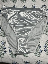 VTG VICTORIAS SECRET LIQUID SILVER SILKY SECOND SKIN SATIN HI LEG BRIEF PANTY L