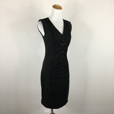 TAHARI Black Solid & Textured Fabric Insert V Neck Sleeveless Dress Womens sz 0