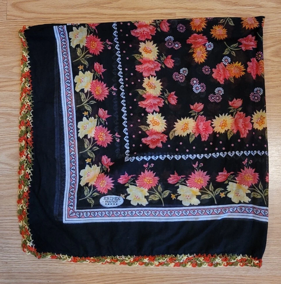 Eripek Fantazi Vintage Turkish Oya Scarf Black Cotton Floral Needle Lace  35
