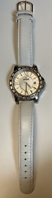VISAGE WATCH Impressive Iced Crystal New Battery Date White Genuine Leather Band