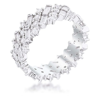 Eternity Band Rhodium Clear CZ Alternating Baguette Round Eternity Band