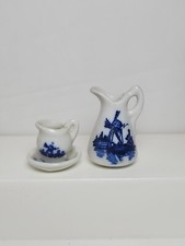 Vtg Dollhouse Miniatures Pitchers Blue Delft Windmill Porcelain 3 Pcs