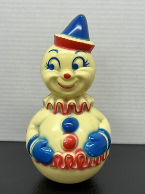 Vintage Roly Poly Musical Toy Clown Molded Plastic 8  Tall