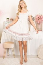 Beige Smocked Dress Size Medium Boho Inspired Ruffled Short Sleeve