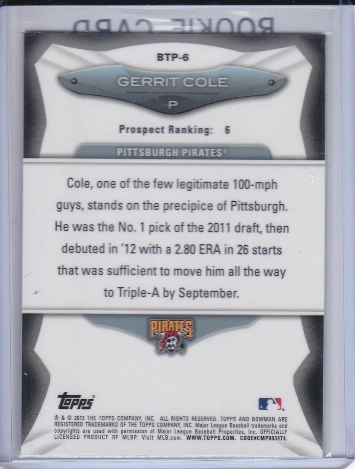 GERRIT COLE ROOKIE CARD 2013 Bowman TOP 100 RC Baseball Pirates Astros Yankees  - Image 2 of 2