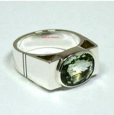 Natural Green Amethyst  Gemstone with 925 Sterling Silver Ring For Men's #7878
