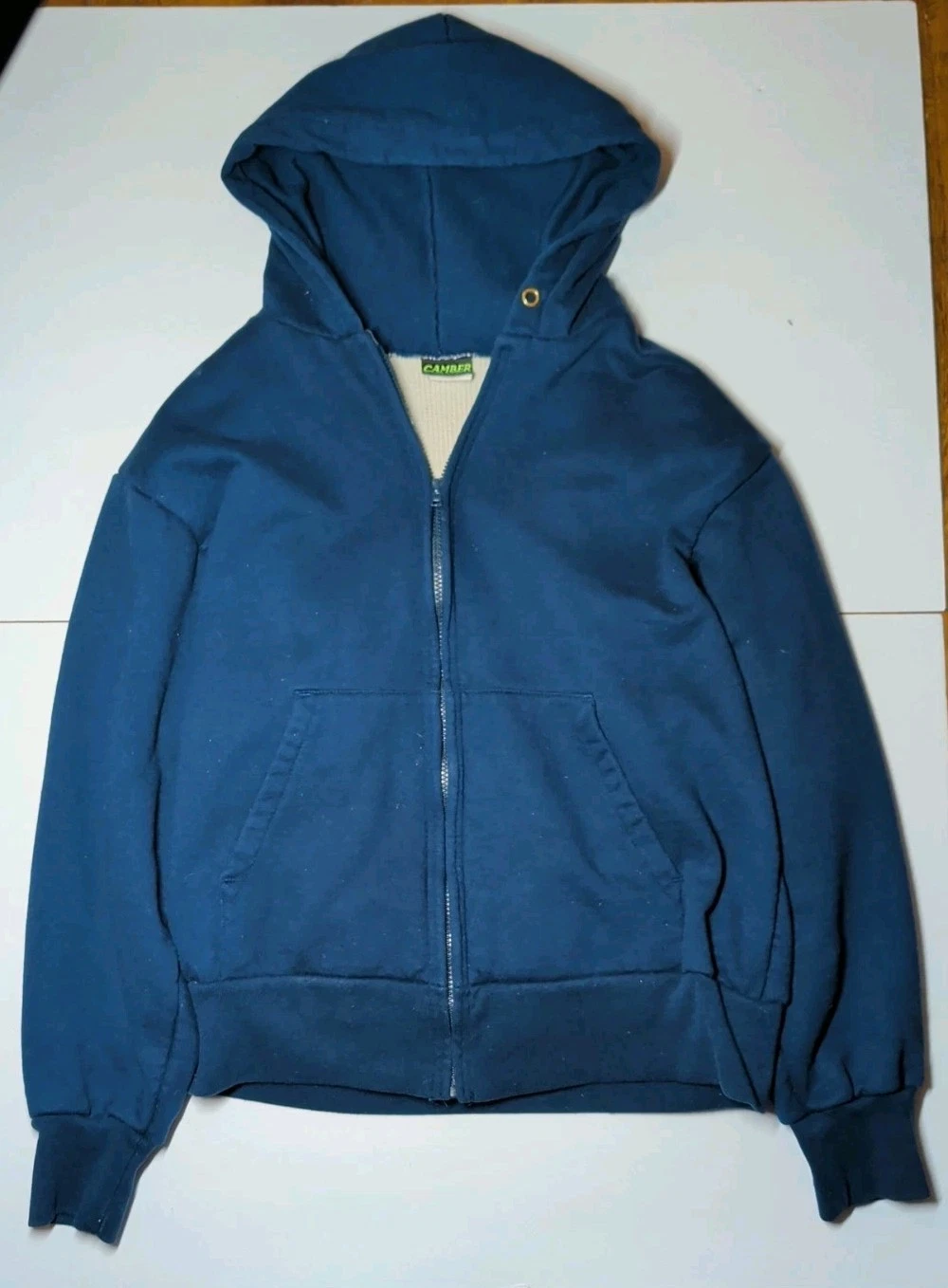 Vintage Camber Hoodie Thermal Lined Double Face Zip Up 90s Faded Navy Medium USA