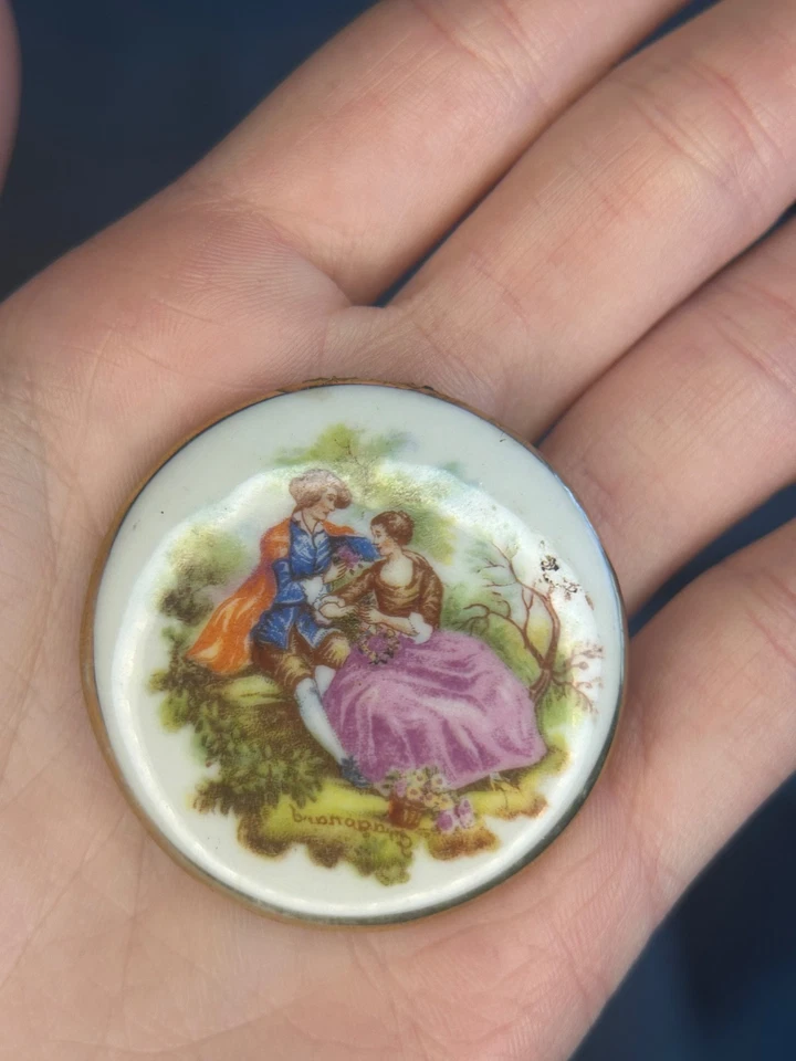 Vintage Fragonard Courting Couple Porcelain Plaque 1.6” Limoges Style - Image 2 of 4