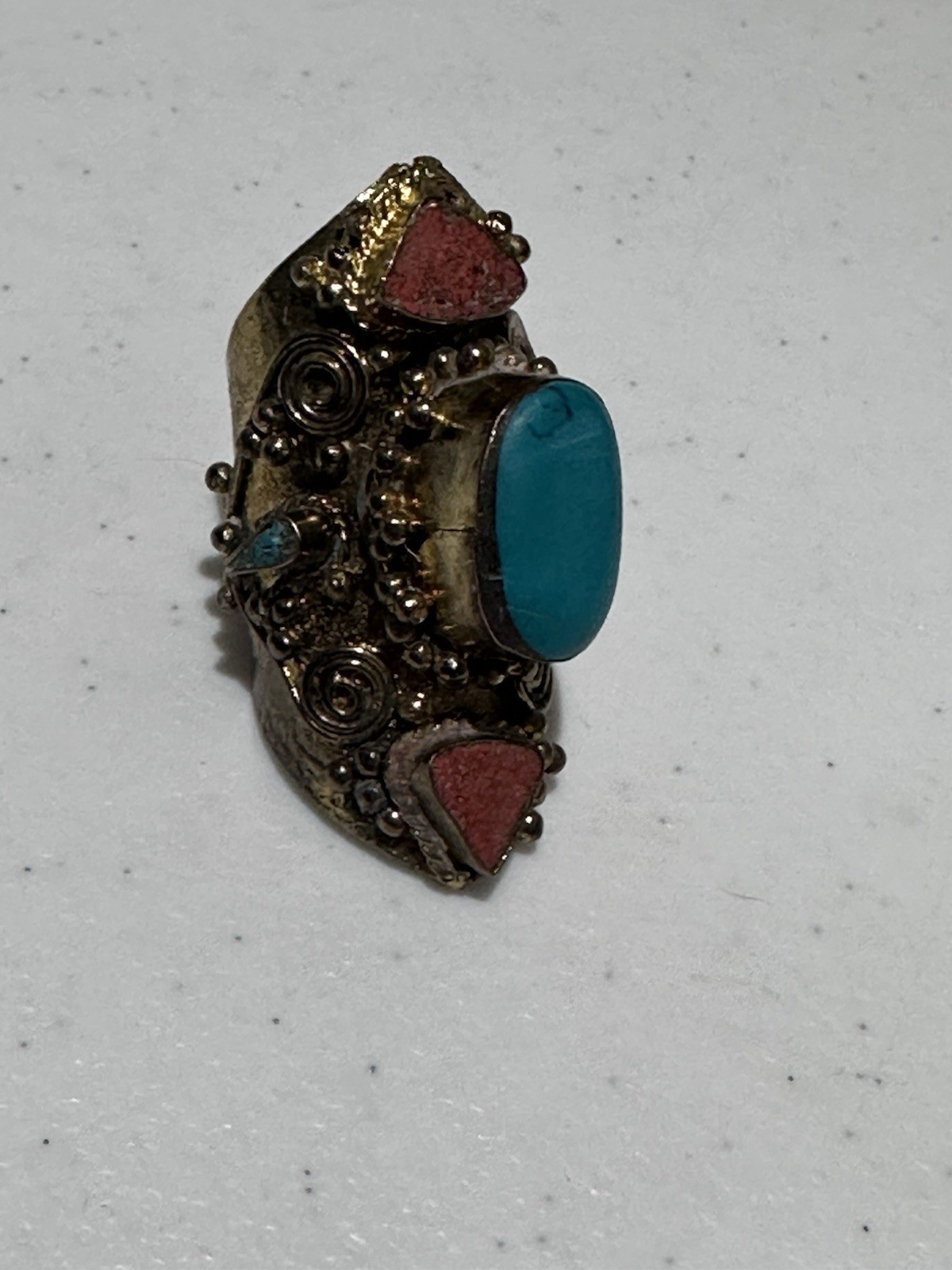 Vintage Handmade Statement Ring Brass Turquoise R… - image 1