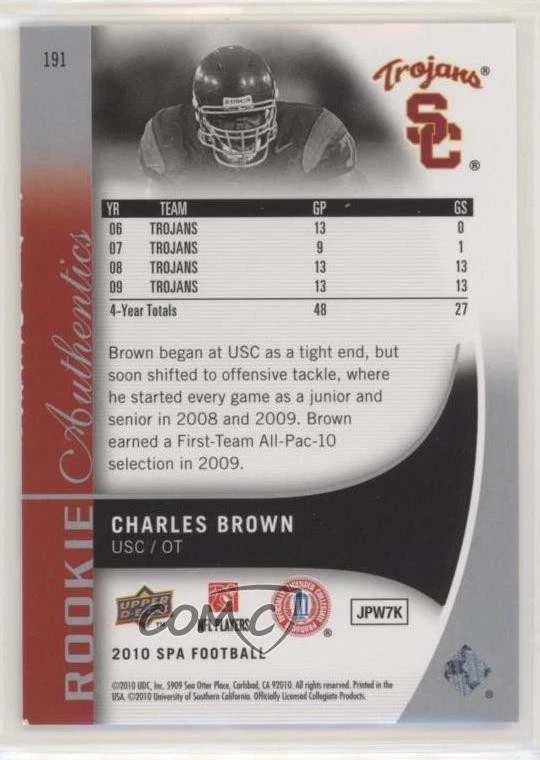 2010 SP Authentic Rookie Authentics /999 Charles Brown #191 Rookie RC - Image 2 of 2