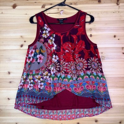 Desigual Blouse Womens Medium Red Sleeveless Layered Red Floral Print Tank Top