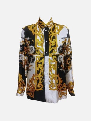Versace Shirt Seide Barock Print Schwarz Weiß Gold 39 EU S/M A87419 einmal getragen