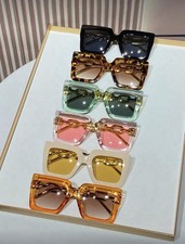 Oversized Square Women's Sunglasses Multicolor Frames Tinted Gold Chain Accent