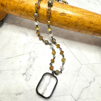 Melania Clara Necklace Glass Square Pendant Faceted Bead Antiqued Gold Tone