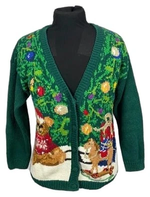 Tiara International Christmas Cardigan M Green Teddy Bear Metallic Gold 1992 - Image 1 of 4