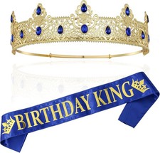 Birthday King Crown and Sash, Costume Headwear for Men, Gold-blue