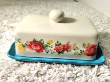Vintage Pioneer Woman Floral Ruffle  Butter Dish with Knob Stoneware Teal Base.