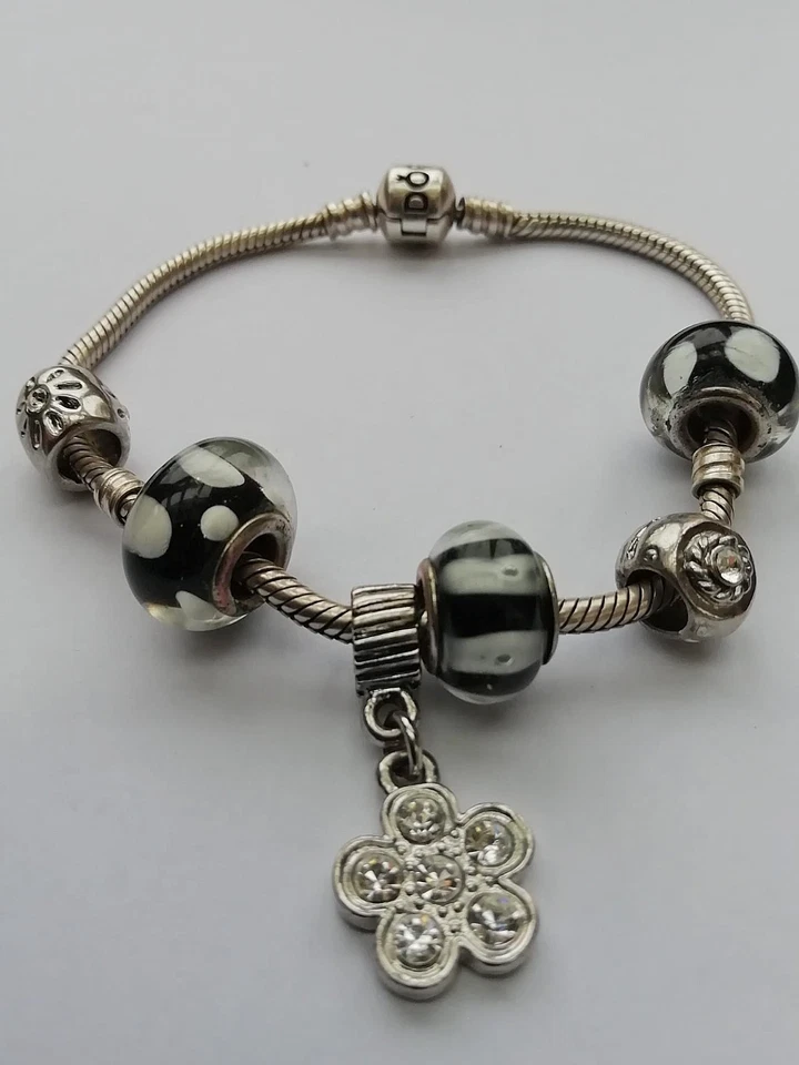 Pandora Armband 925 Silber 21 Cm 6 Charms u.a. Murano Glas Schwarz Weiß - Bild 3 von 4