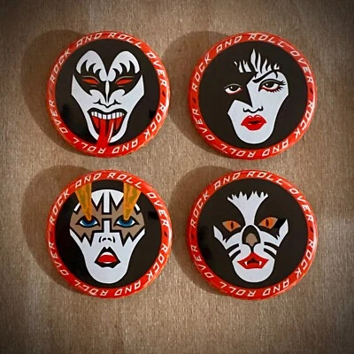 4 - KISS 1.5" Pinback Buttons - ROCK AND ROLL OVER ARTWORK - Gene Paul Ace Peter