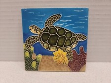 Sea Turtle Swimming in Coral Seaweed Coastal 4 X 4 Square Ceramic Tile Scene