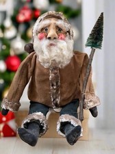 Primitive Handcrafted USA Christmas Sculpted Clay Beige Santa Doll w/ Tree 17"