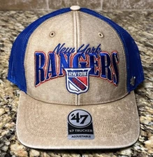 New York Rangers ‘47 Brand Trucker Khaki Blue Vintage Snapback Mesh Hat Cap OSFA