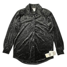 Vintage NOS Womens Small Black Velvet Floral Button Shirt Soft Long Sleeve Top
