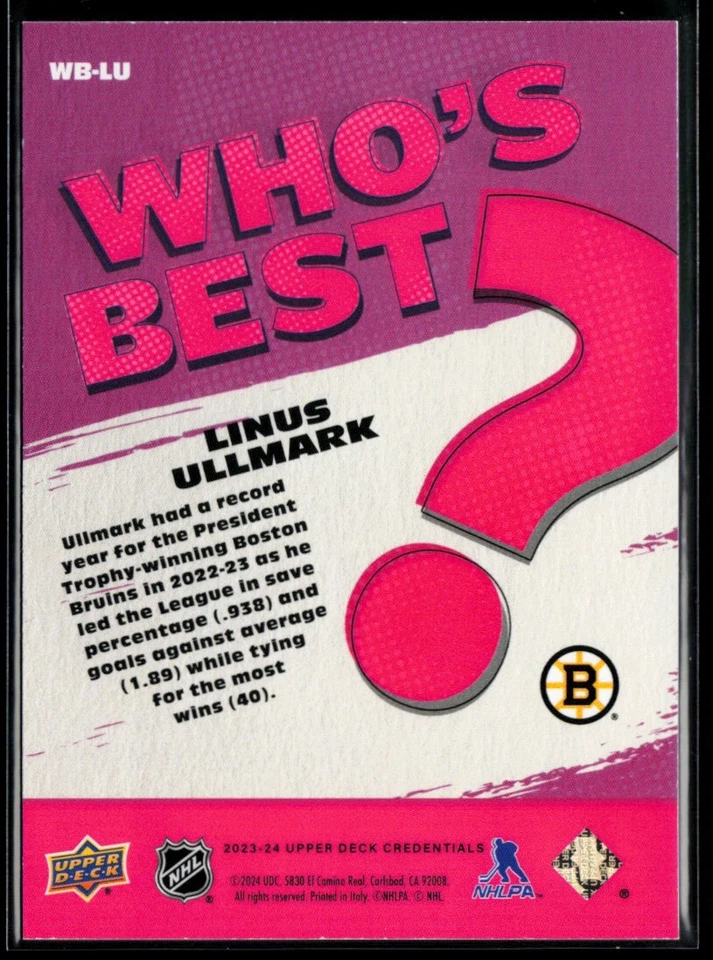 2023-24 Upper Deck Credentials Who's Best? #WB-LU Linus Ullmark - Image 2 of 2