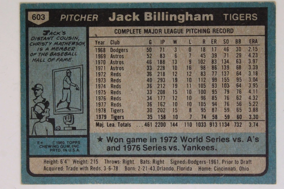 Autograph JACK BILLINGHAM Detroit Tigers Reds 1980 Topps #603 Signed Card 16E - Image 2 of 2