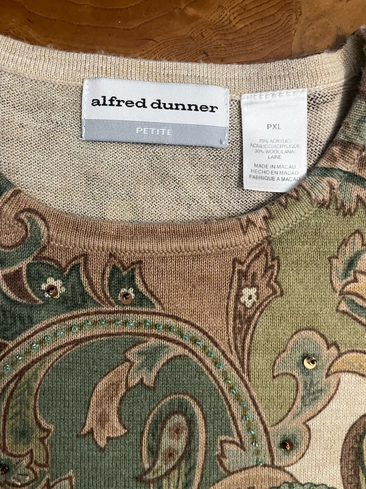 Alfred Dunner Knit Top Women’s Size PXL Green & Brown Paisley 3/4 Sleeve - Image 4 of 4